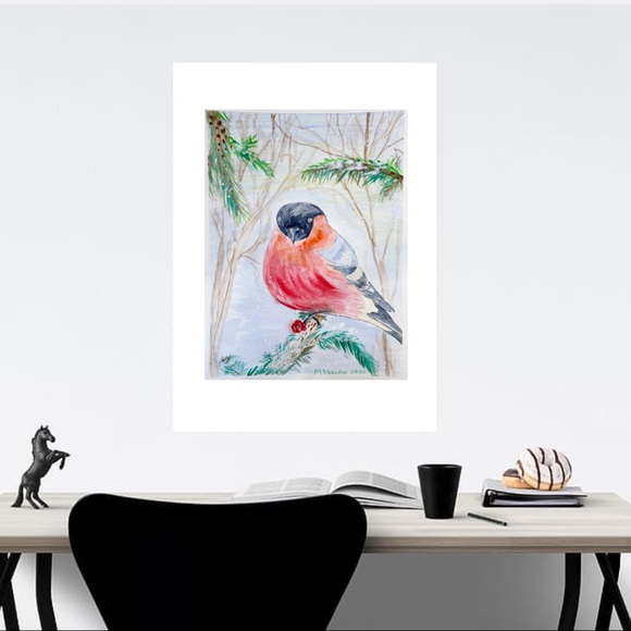 bullfinch panting Trees in winter watercolor 12x9” - Picture 6 of 10